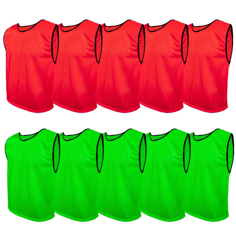 Sportsbibs Unisex 5X Red - 5X Green Training Bibs Pack Of 10 Football Vests Sports Practice Pinnies Soccer Rugby