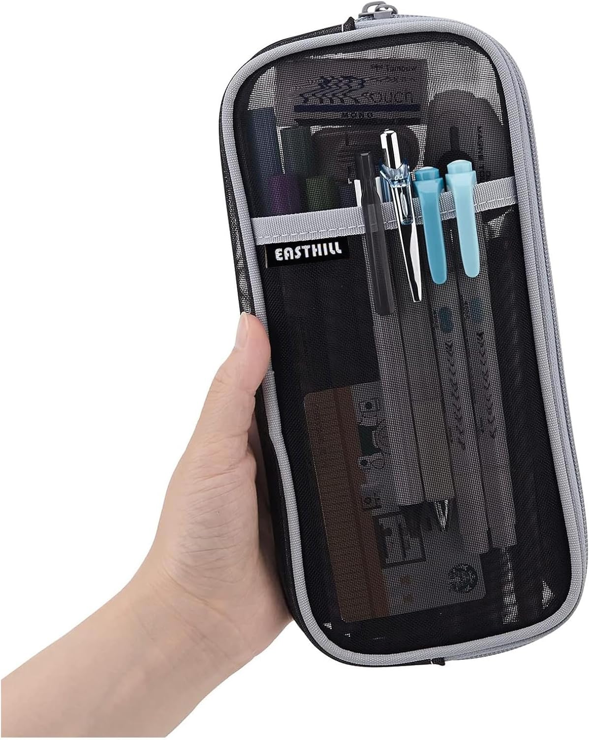 Grid Mesh Pen Pencil Case with Zipper Clear Makeup Color Pouch Cosmetics Bag Multi-Purpose Travel School Teen Girls Transparent Stationary Bag Office Organizer Box for Adluts(Black) Boys