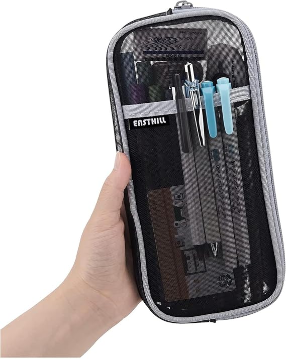 EASTHILL Grid Mesh Pen Pencil Case with Zipper Clear Makeup Color Pouch Cosmetics Bag Multi-Purpose Travel School Teen Girls Transparent Stationary Bag Office Organizer Box for Adluts(Black) Boys