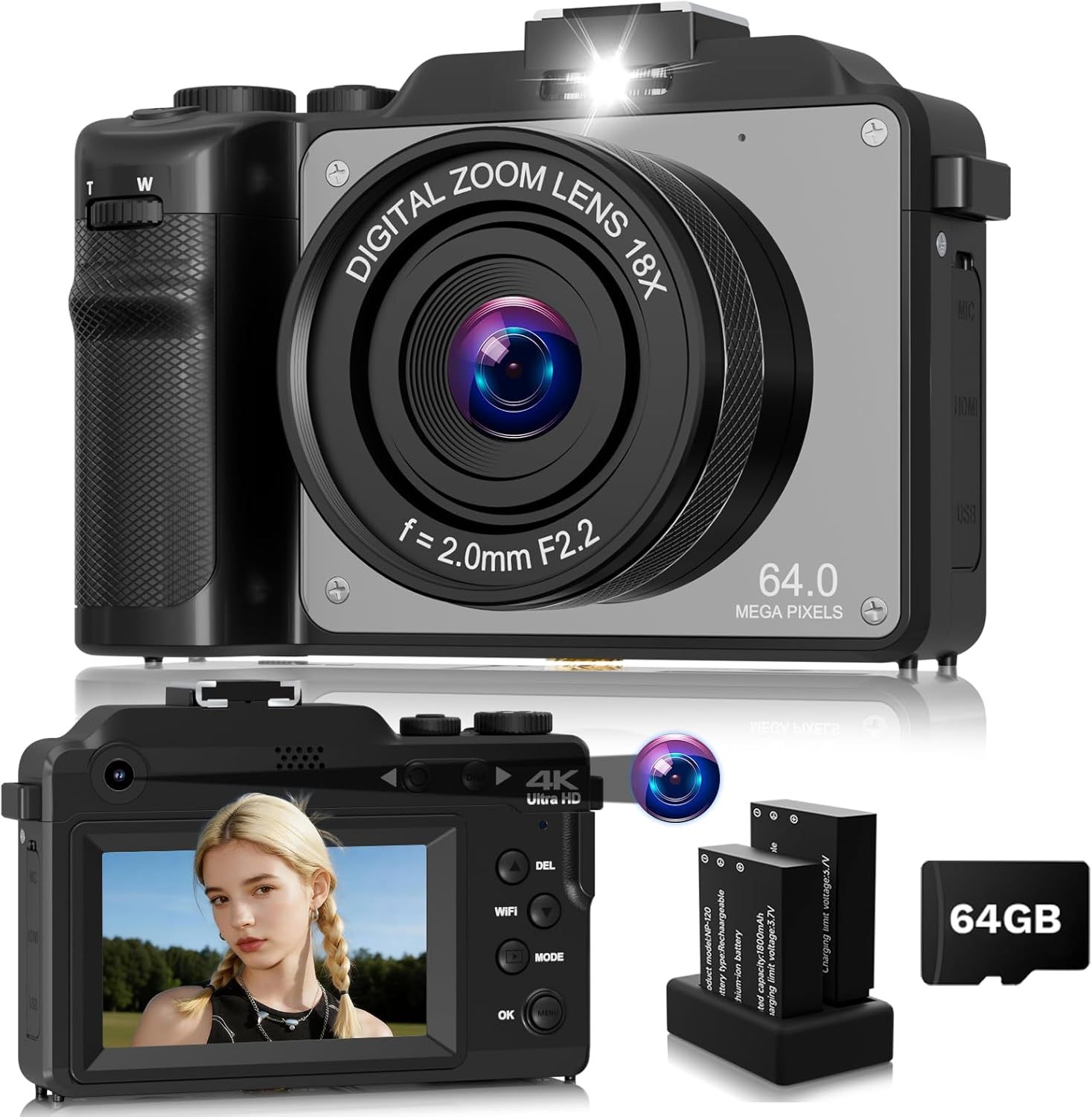 Digital Camera for Photography, 4K 64MP with Selfie Lens & 20X Zoom, WiFi, Compact Vlogging Camera for YouTube, Portable Travel Camera with 2 Batteries for Students Teens Beginners