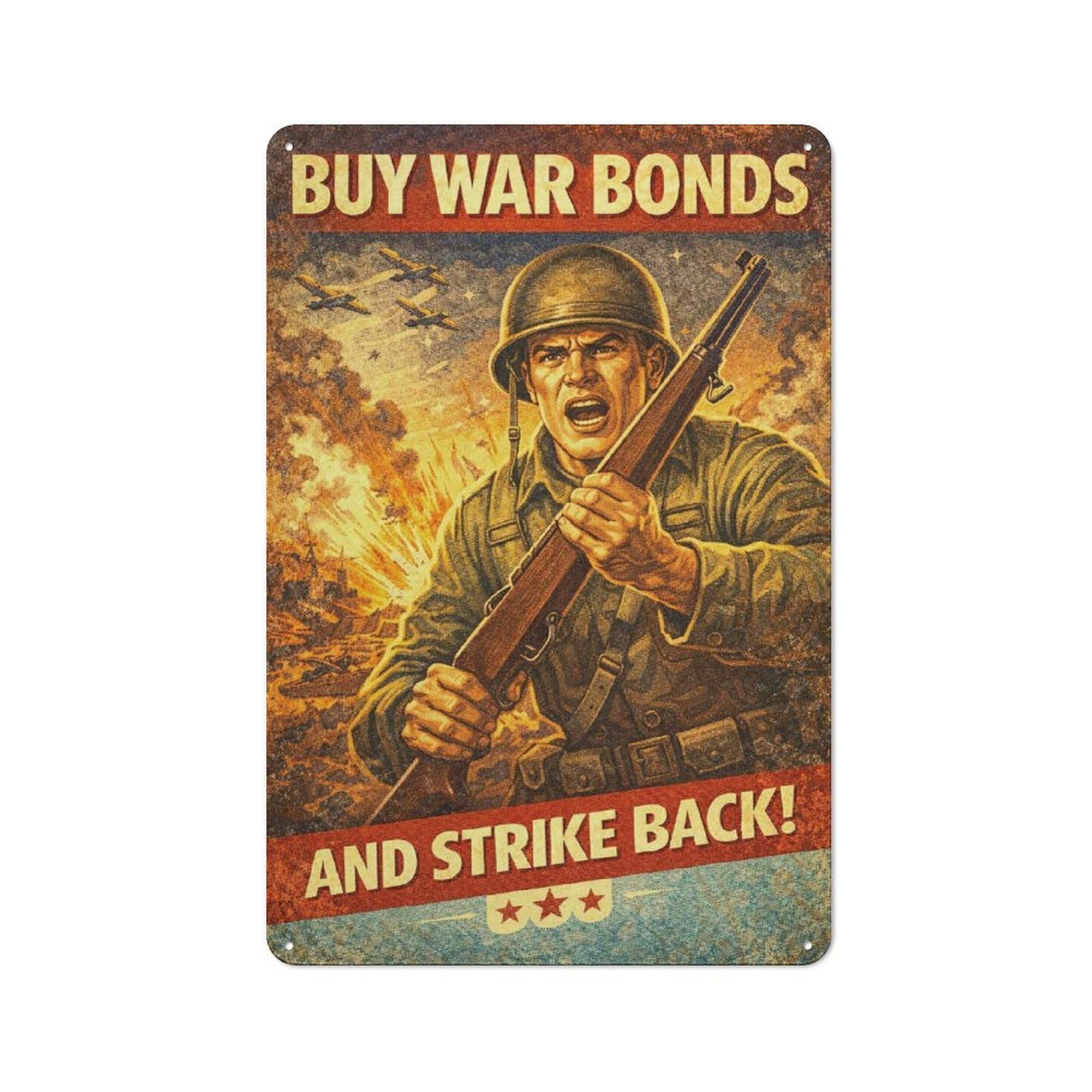 Junmoney Style-3 Retro-Style Metal Sign 30X20cm Featuring Buy War Bonds And Strike Back For Garage Wall, For Vintage Wall Decor Fans, For Metal Sign Collectors