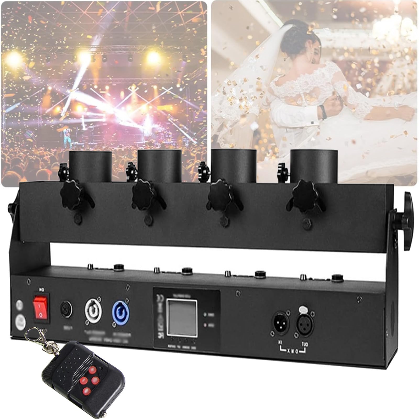 Lanceur de confettis électrique Canon à confettis à 4 coups DMX/télécommande pour mariage Disco Show Club Stage Party, machine à souffler les confettis DMX512 et télécommande