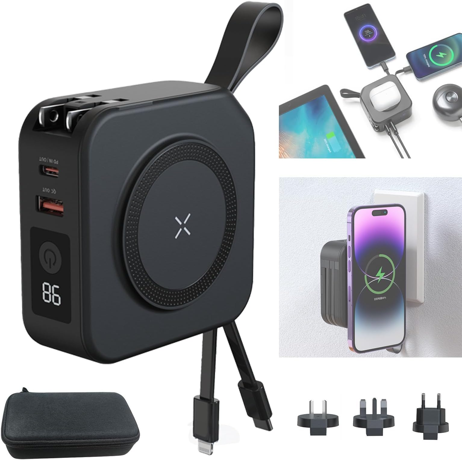 Powerpack Universal 5 in 1 Travel Power Bank - for Magsafe Battery Pack,10000mAh Power Bank with Built in Cable - Wireless Portable Charger for iPhone 15/15 Pro/ProMax, iPhone 14/13/12 Series