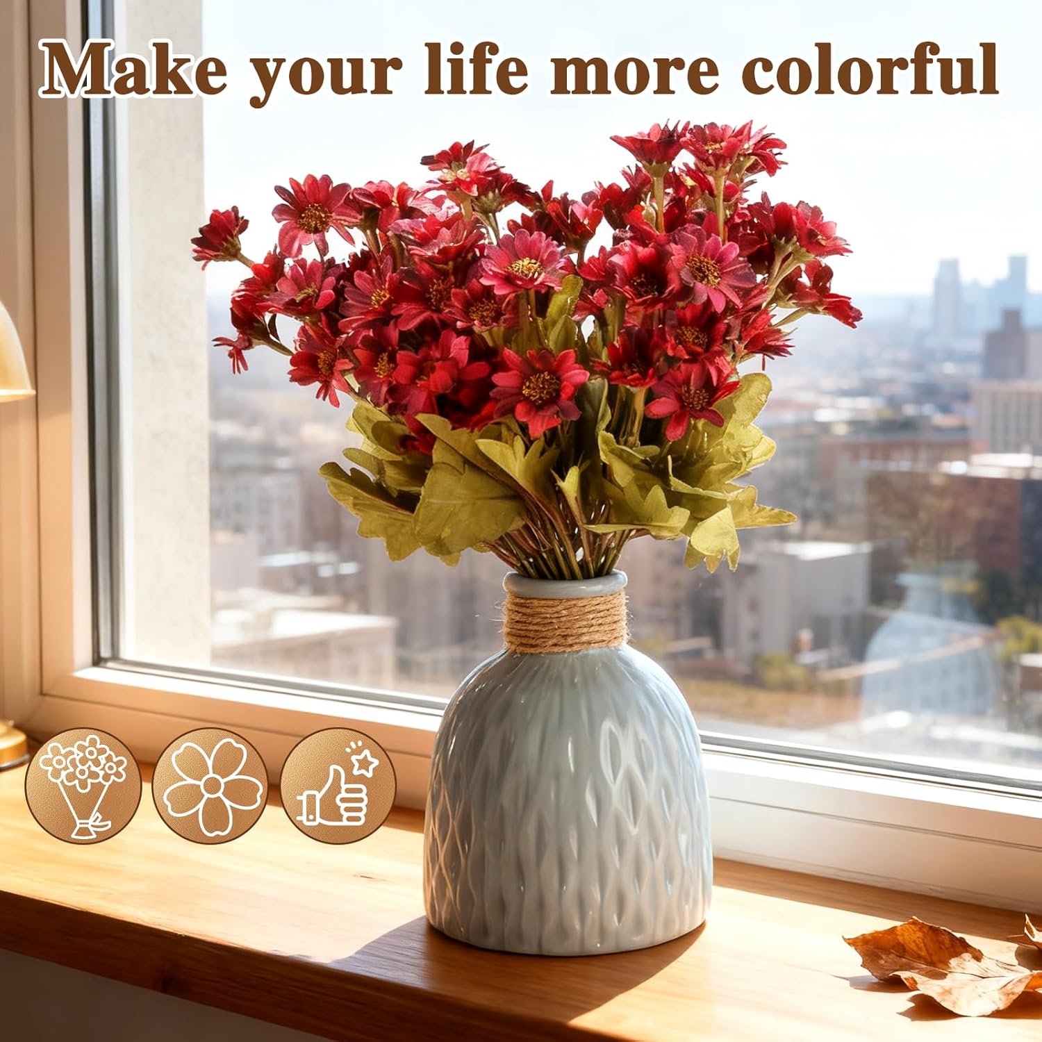 Artificial Mums for Outdoors, 1 Set 5 Bunchs Faux Mums for Outdoor Planters, Mum Artificial Flowers, ,Lifelike Artificials Outdoor Sunset Flowers,UV Resistant, Waterproof, Look Real(5,Autumn Red) - Image 3