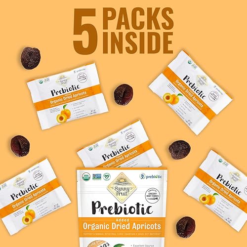 Miniatura 6 de Albaricoques secos prebióticos orgánicos  Sunny Fruit  (5) paquetes de porciones de 1.76 onzas por bolsa  Albaricoques puramente  Sin azúcares,
