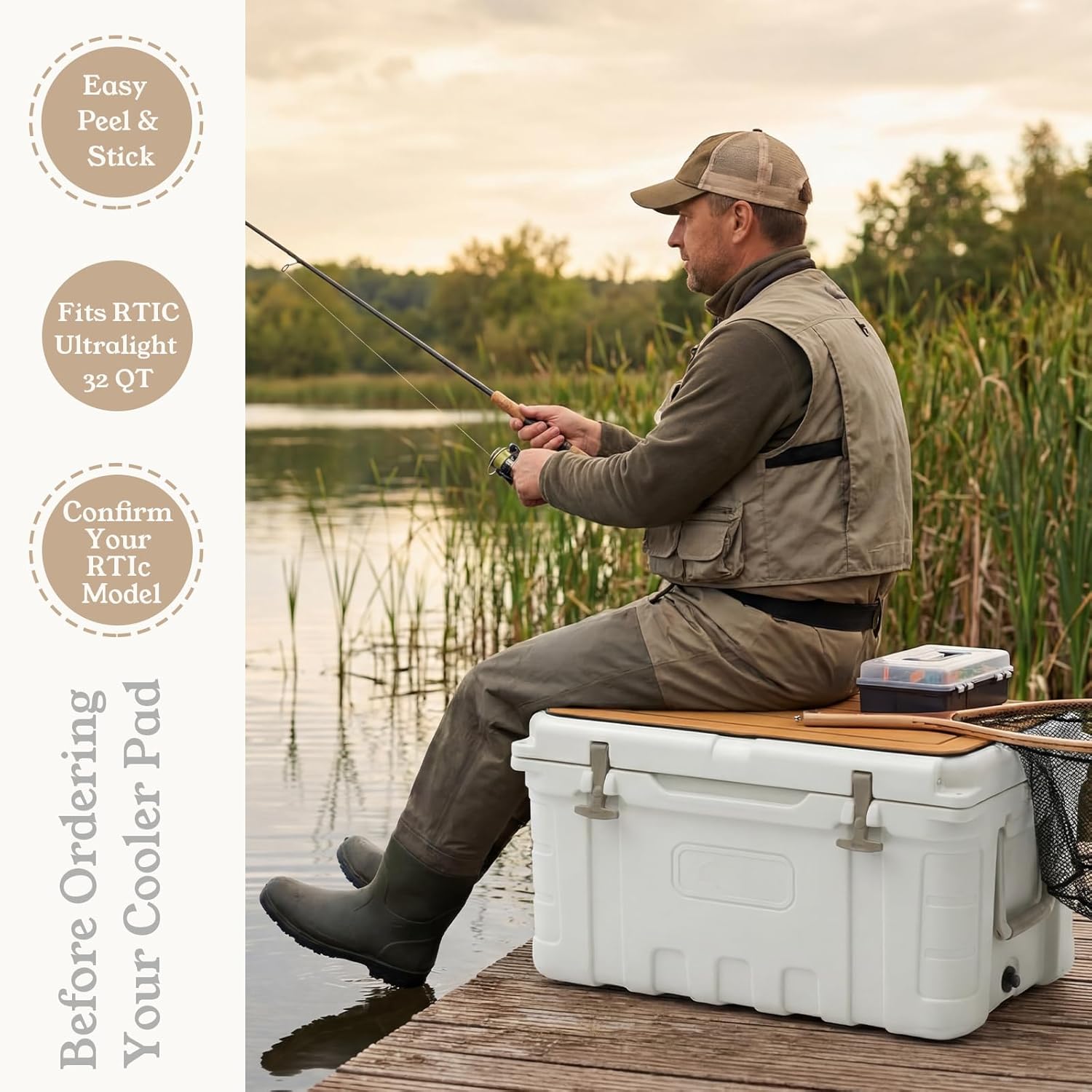 1 Pcs EVA Mat Cooler Pad Fits 32 Qt Hard Cooler, Peel & Stick Application, Non Slip Comfort Accessories, Water Resistant Insulated Seat Cushion for Camping, Fishing & Boating, Teak Brown