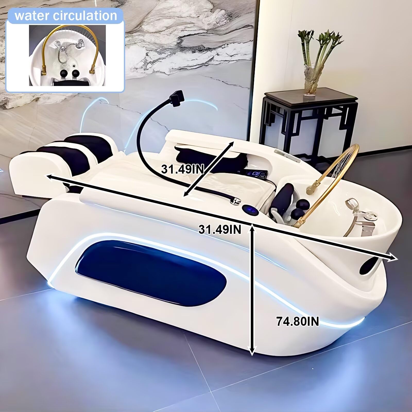 Professionelle Kopfmassage-Shampoo-Liege, Massage-Salon-Spa-Liege mit Wasserkreislauf, Fiberglasbecken, weiße Hightech-Luxus-Spa-Ausstattung