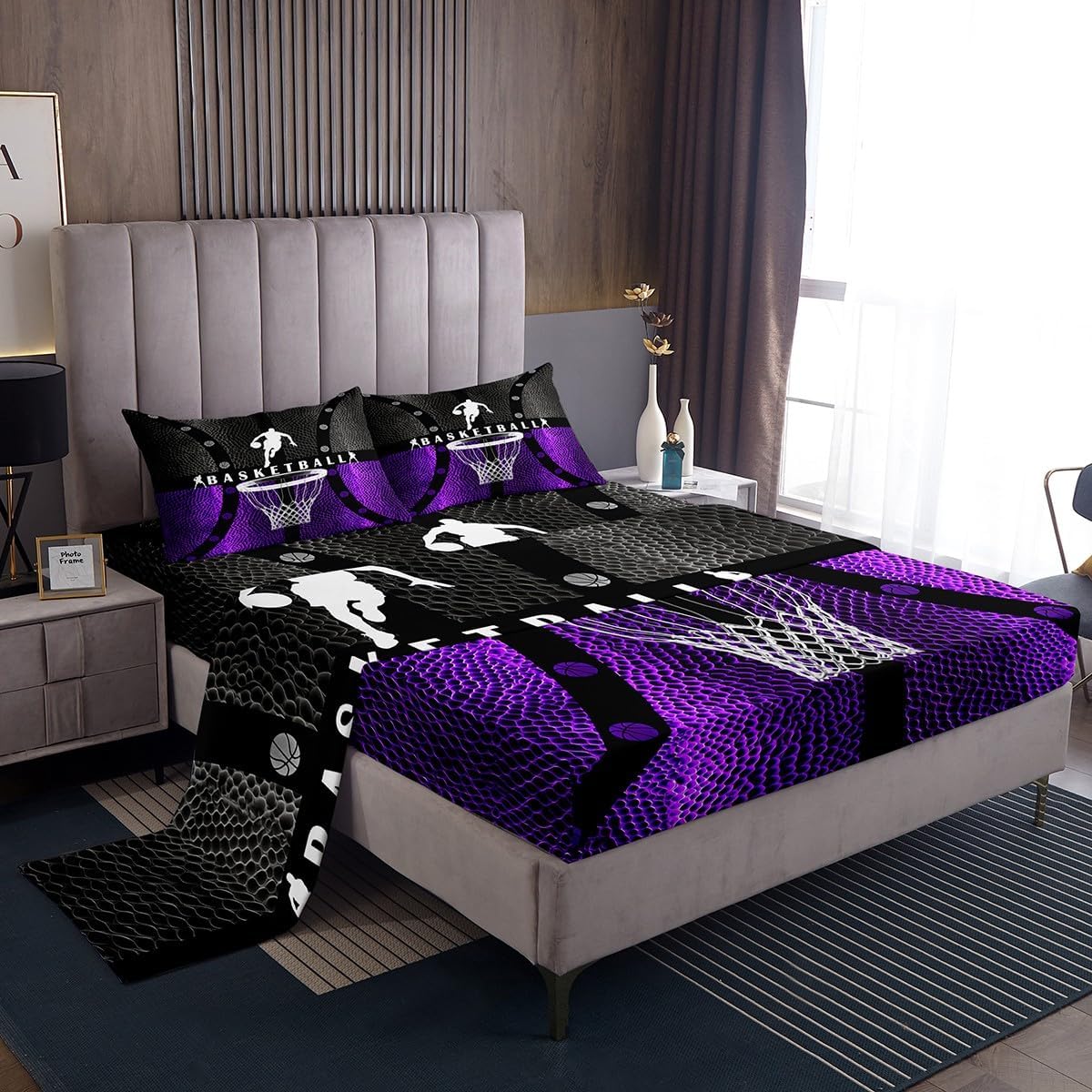 Kids Basketball Sheet Queen Size,Basketball Court Geometric Patchwork Bedding Set,Boys Girls Adults Room Decor,Ball Sports Games Black Purple Chic Bed Sheet Set 4pcs(Fitted + Flat + 2 Pillowcases)