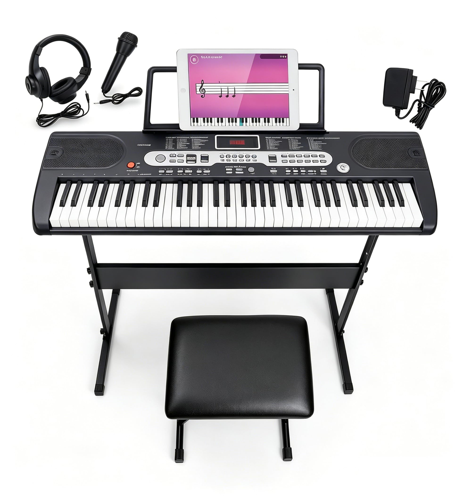 Keyboard Piano 61 Tasten für Kinder Anfänger, Digital Piano Set mit Ständer Sitzbank Kopfhörer Mikrofon Notenablage, Schwarz