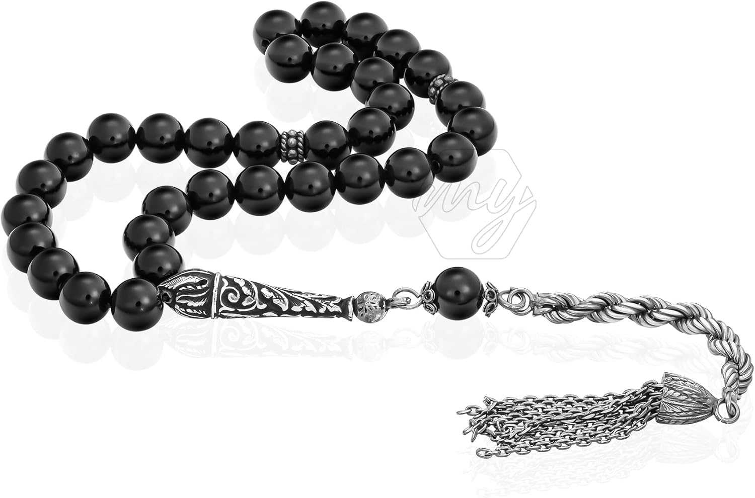 925 Sterling Silver Tassel Onyx Stones Islamic 33 Prayer Beads Tasbeeh Misbaha
