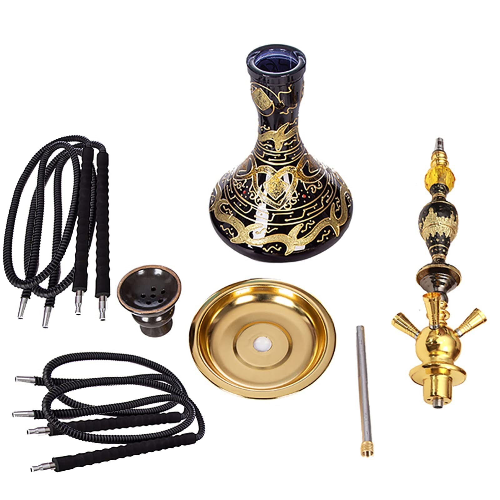 Juego de Cachimba, 2 o 4 Mangueras Kit de Cachimba de Shisha Premium con Base de Jarrón de Vidrio Artístico Pintado a Mano, Tazón de Cerámica y Cenicero de Pinzas de Carbón para Principiantes