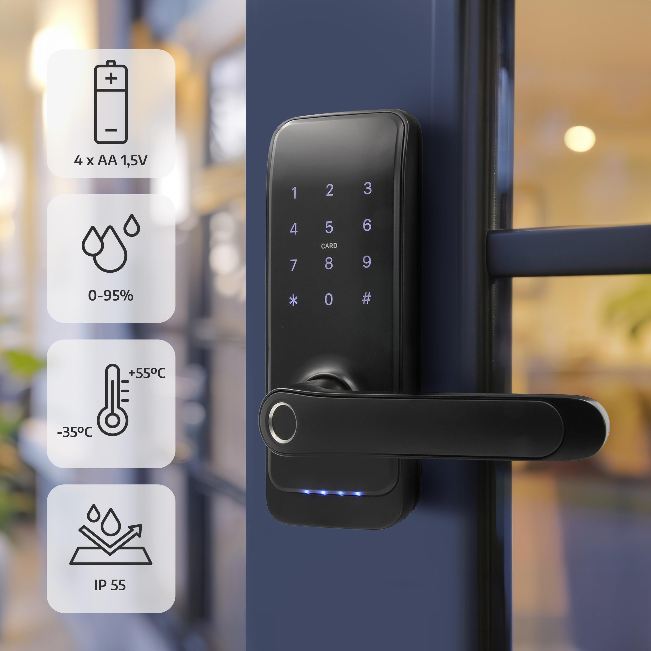 EURA ELH-01H4 Serrure de porte intelligente avec poignée, serrure à code, lecteur de proximité 13,56 MHz, lecteur biométrique, application TTLock/TTHotel, IP65, distance universelle des verrous, noir