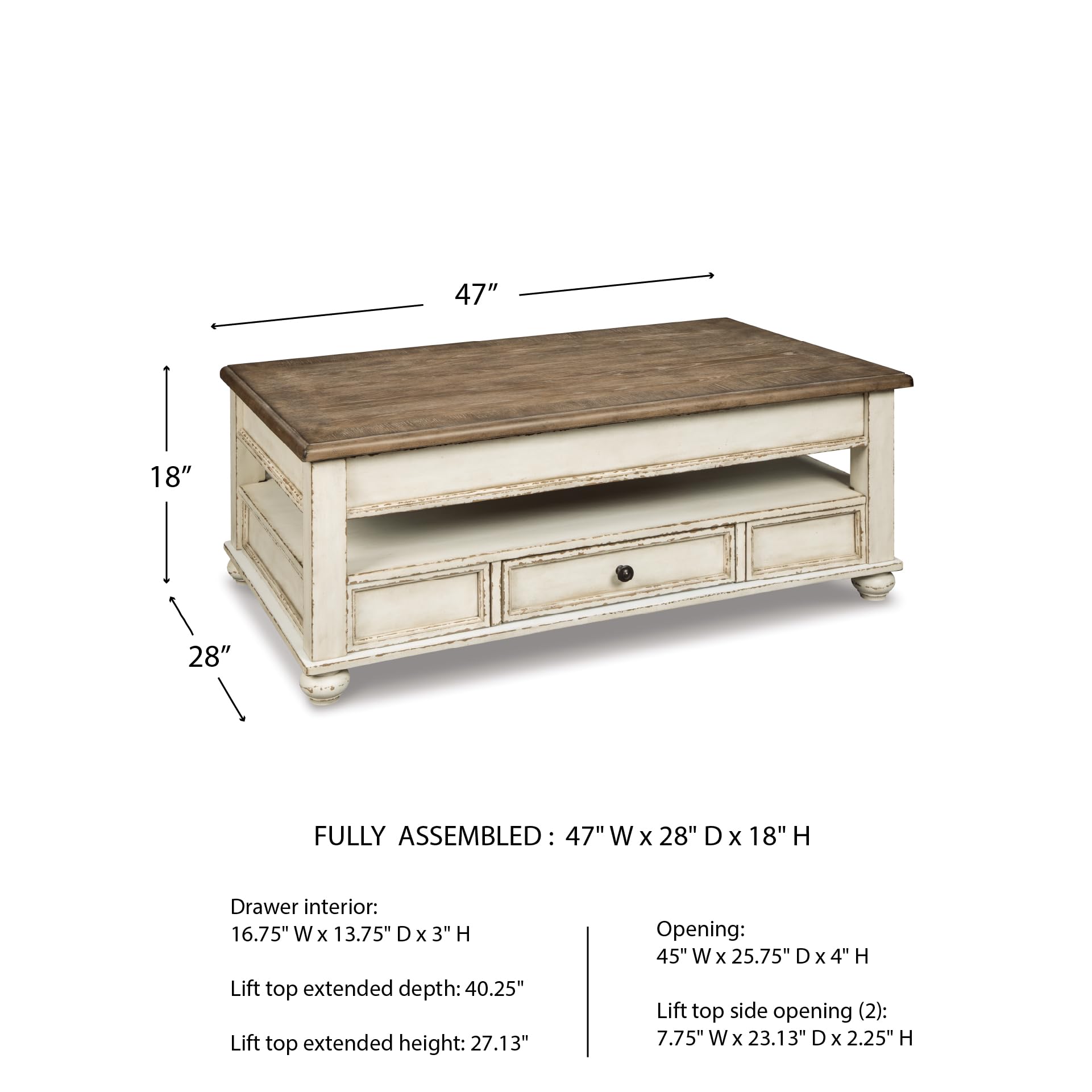 Signature Design by Ashley Realyn Vintage Farmhouse Rectangular Lift Top Coffee Table with Storage Drawer, White & Brown
