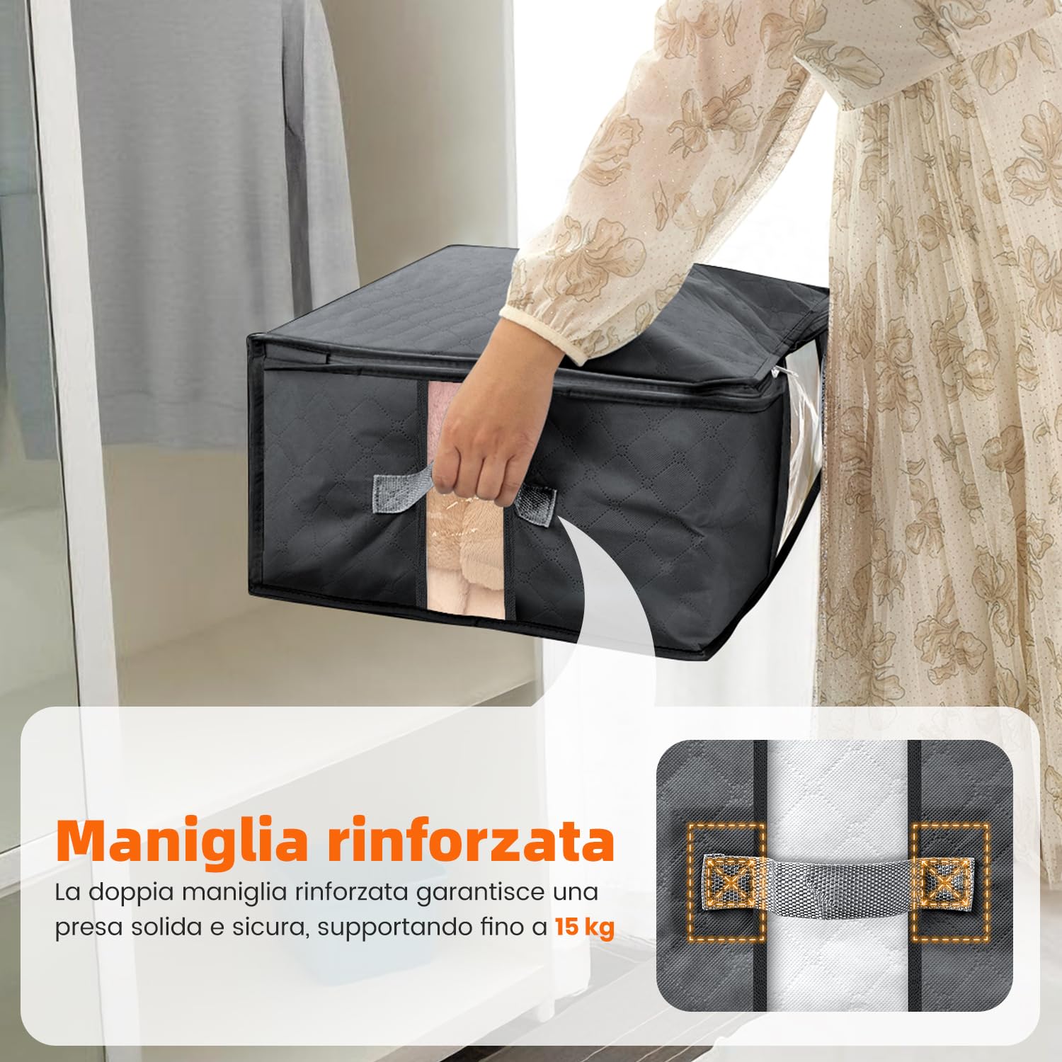 3 Pezzi Contenitori Sottoletto 40L per Vestiti, Borse Salvaspazio Pieghevoli in Tessuto non Tessuto 120g con Doppia Finestra Trasparente Frontale e Laterale, Maniglie Rinforzate, Grigio