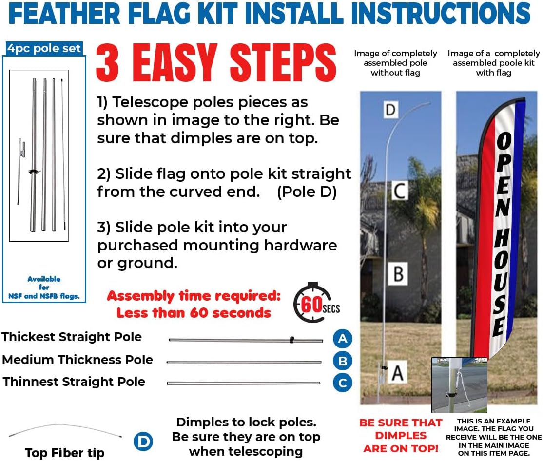 FFN - Open House Feather Banner Flag Includes 15 FT Poles Kits, Ground Stakes, and Travel Bags, for Real Estate Agents Outdoor Sign (Pack 1)
