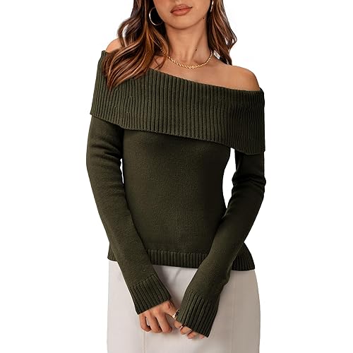 PRETTYGARDEN Women's Fall Off Shoulder Sweaters Y2K Long Sleeve Ribbed Knit Fitted Pullover Winter Date Night Tops Blouse