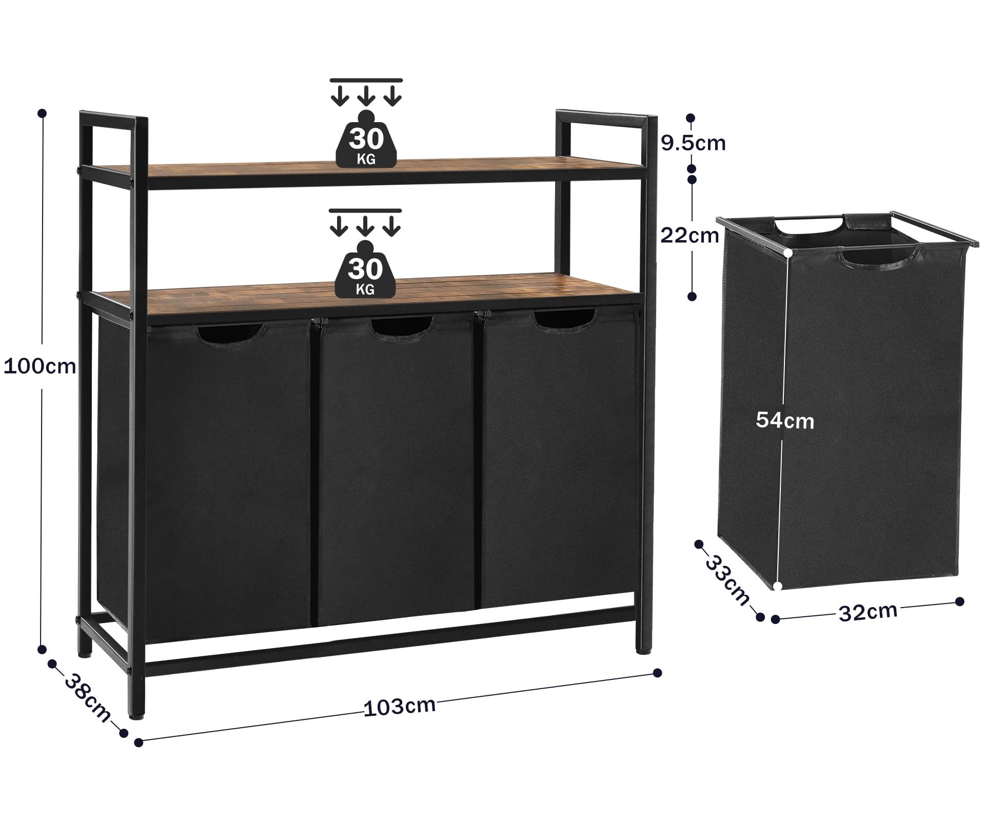 Panier à Linge 3 Compartiments Youdenova - 180L Avec étagères
