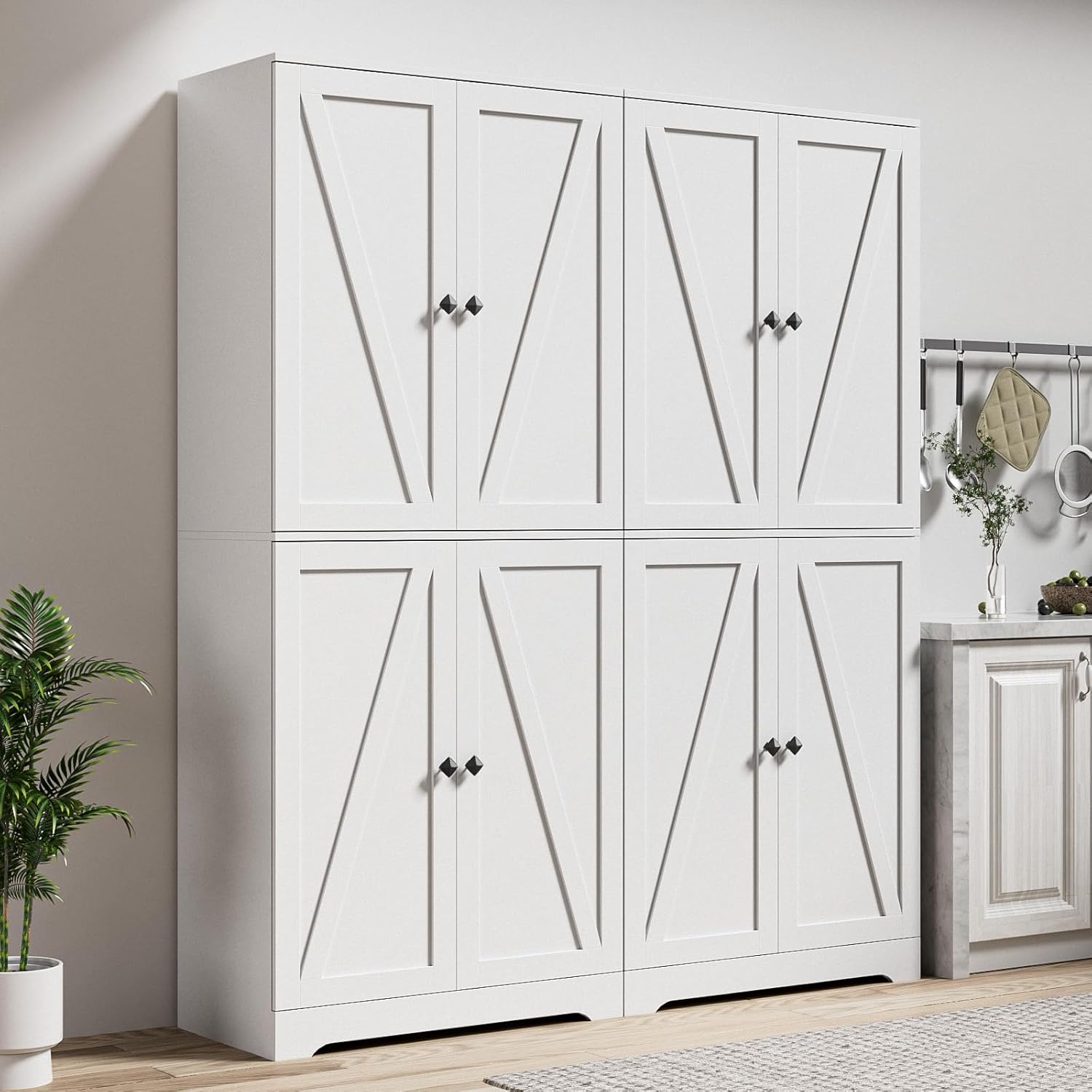 LYNSOM Farmhouse Storage Cabinet, Kitchen Pantry Cabinet with 4 Barn Doors, Tall White Storage Cabinets with Adjustable Shelves for Kitchen, White