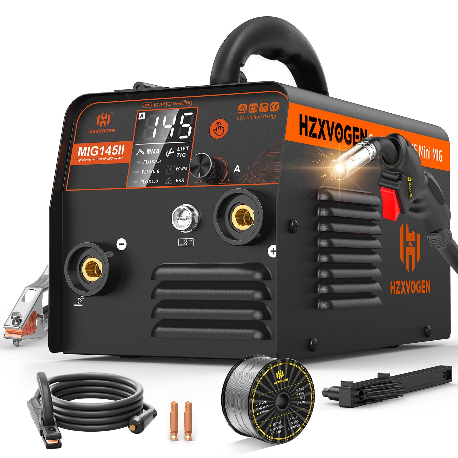 H HZXVOGEN MIG145II 145A Saldatrice a Filo Continuo No Gas, 3 in 1 MIG/ARC/Lift TIG, Avanzamento Filo Sinergico, IGBT Inverter, Display LED, Compatta per Principianti & Hobby Domestico