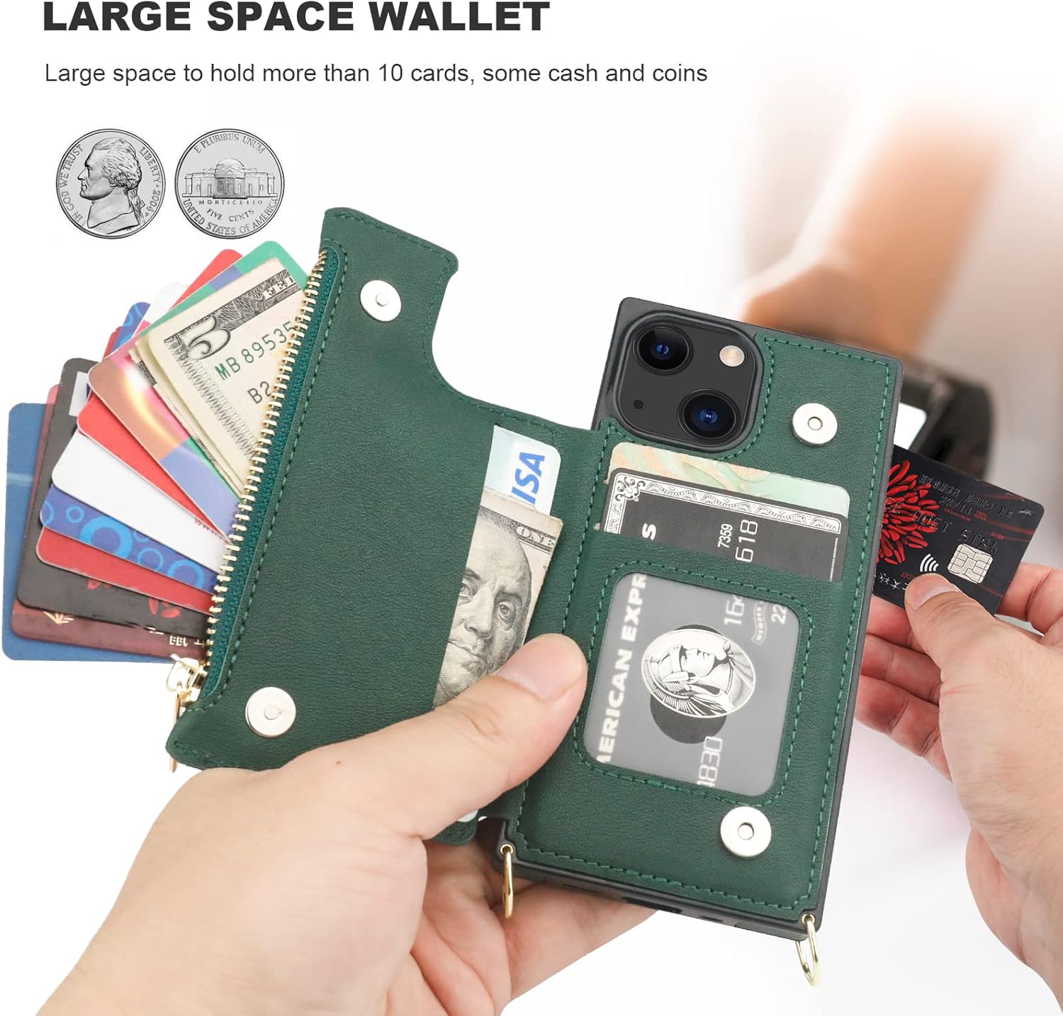 Bocasal Crossbody Wallet Case for iPhone 13 Mini with RFID Blocking Card Slot Holder, Magnetic Flip Folio Purse Case, PU Leather Zipper Handbag with Detachable Lanyard Strap 5.4 Inch 5G (Green)