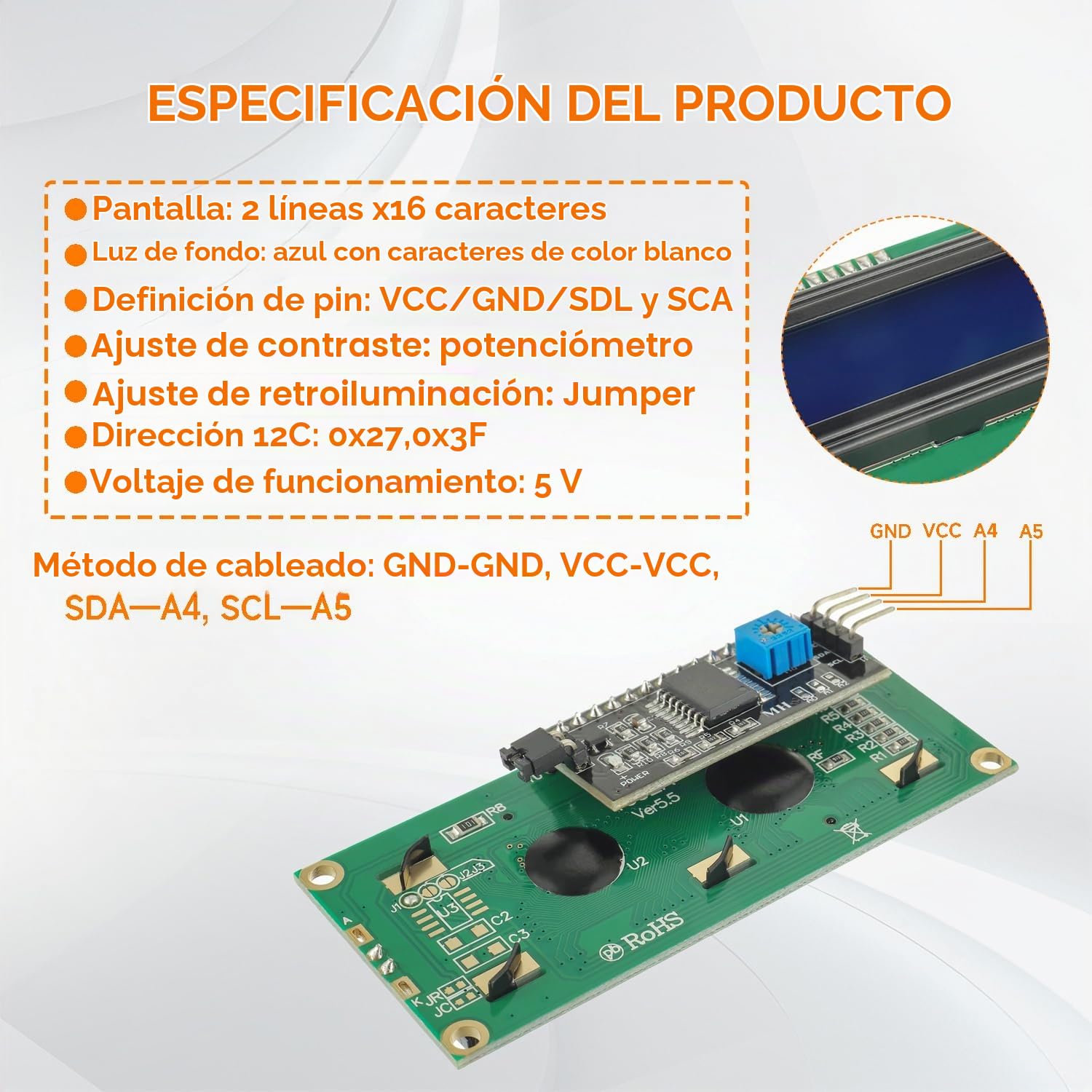 16x2 Modulo LCD Display Bundle con Interfaz I2C 2x16 Caracteres Compatible con Raspberry Pi
