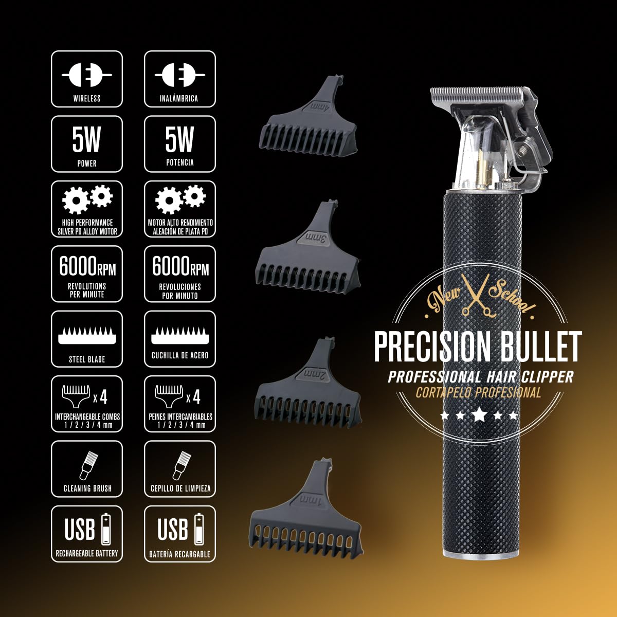 Italian Design Precision Bullet Haarschneider – Präziser Barttrimmer & Detailer mit Edelstahlklingen, 4 Aufsätzen (1–4 mm), 6000 RPM Motor, Kabellos & USB-Ladung