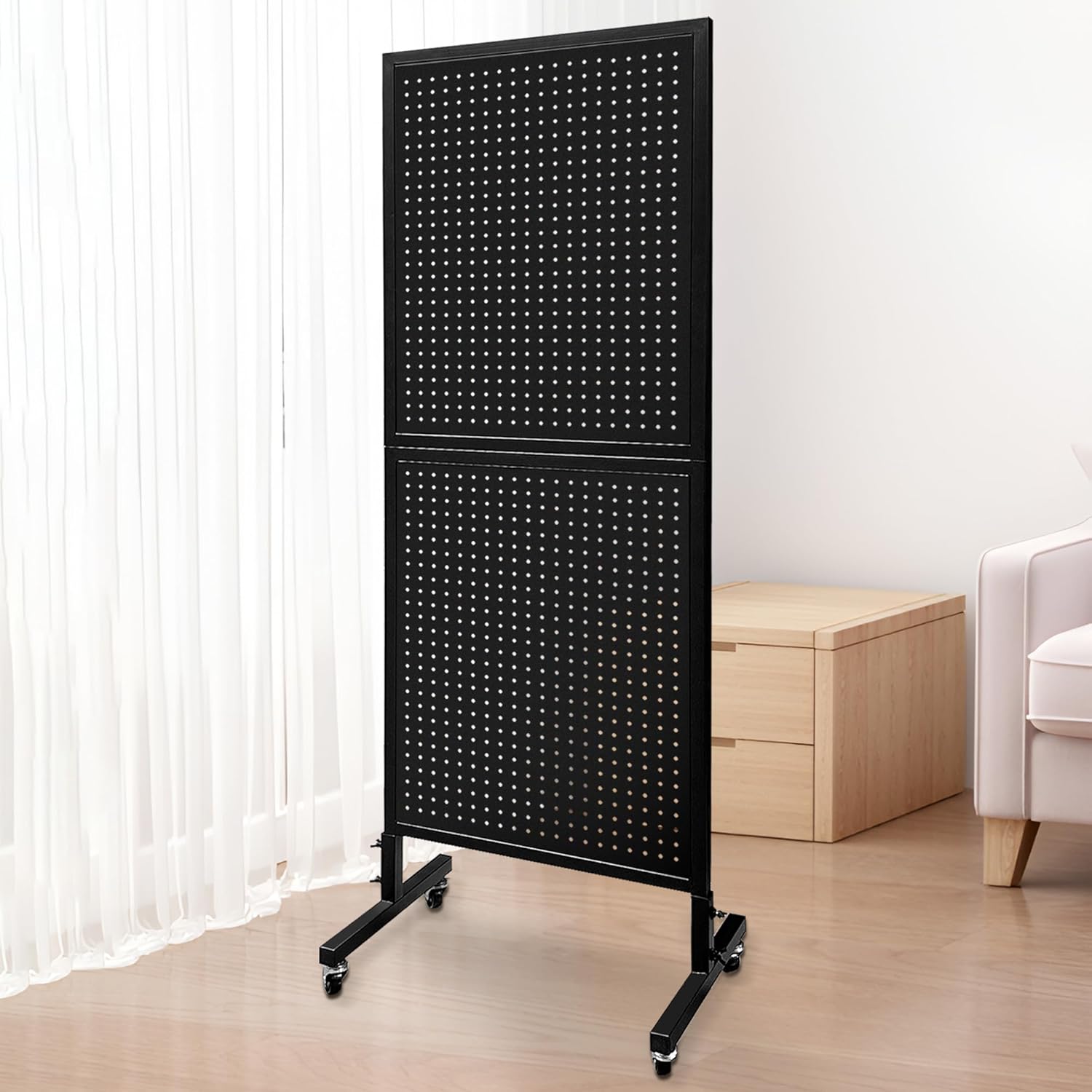 Royxen 2 x 5.5 Feet Pegboard with 30 Hooks, Pegboard Display with Wheels, Standing Pegboard Display, Metal (Black)