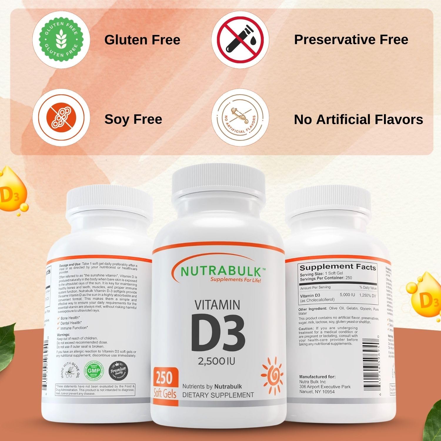 NutraBulk Vitamin D3 2500 IU Softgels - 250 Count - High-Potency Daily Supplement - Non-GMO, Gluten-Free - Made in USA — Amazon image 4