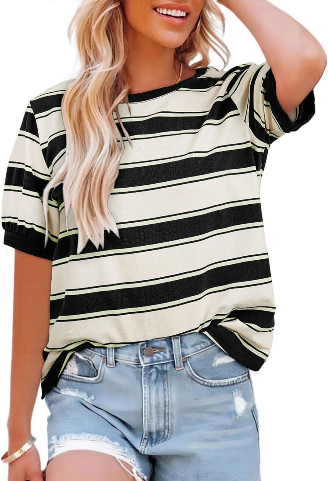 BUNSLOOM Oberteile Damen Sommer 2026 Gestreifte Color Block Kurzarm T-Shirt Rundhals Lässige Lockere Basic Tops Blusen