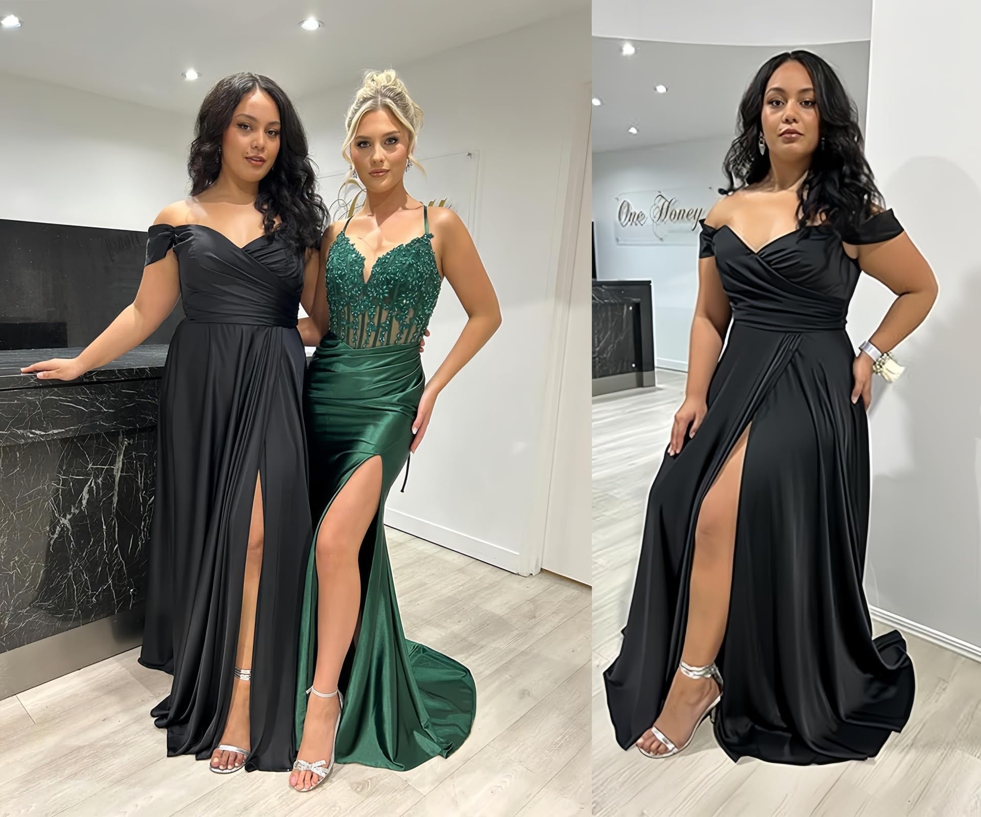 Women's Off The Shoulder Bridesmaid Dresses with Slit Satin Formal Gowns Long Prom Evening Party Dress with Pockets
