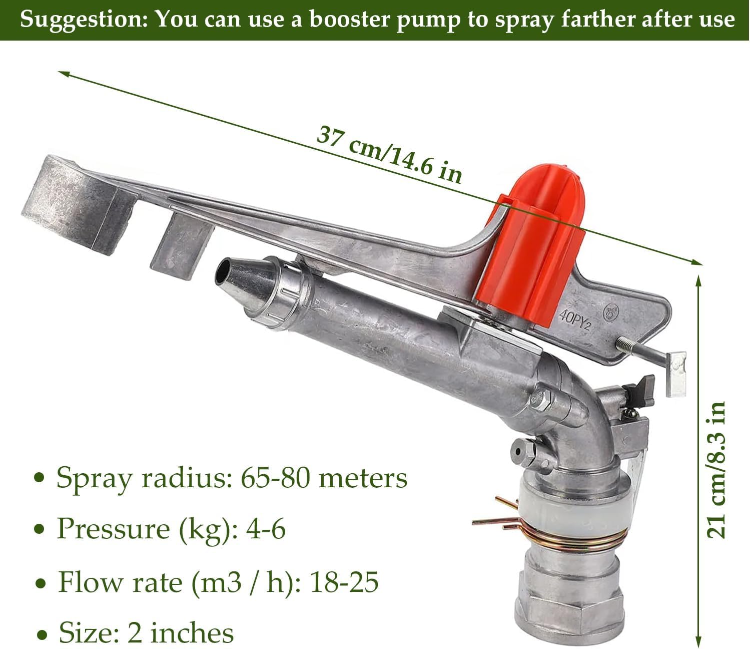 Regulowany Pistolet Zraszający do Nawadniania, 2-calowy do Podlewania Dużych Powierzchni (do 40 m) z Obrotem 25-360°, Ze Stopu Cynku - dla Gospodarstwa, Sadu, Ogrodu, Trawnika i Kontroli Pyłu