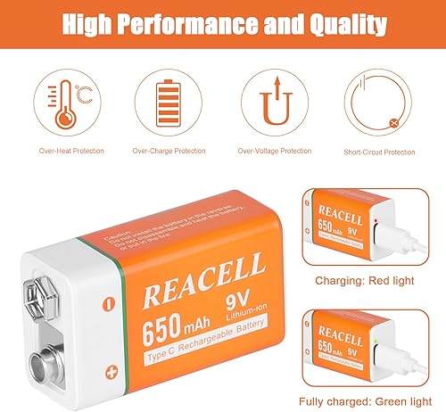 Miniatura 3 de Baterías recargables USB de 9 V, baterías de litio recargables de alta capacidad de 9 voltios, paquete de 2 baterías PP3