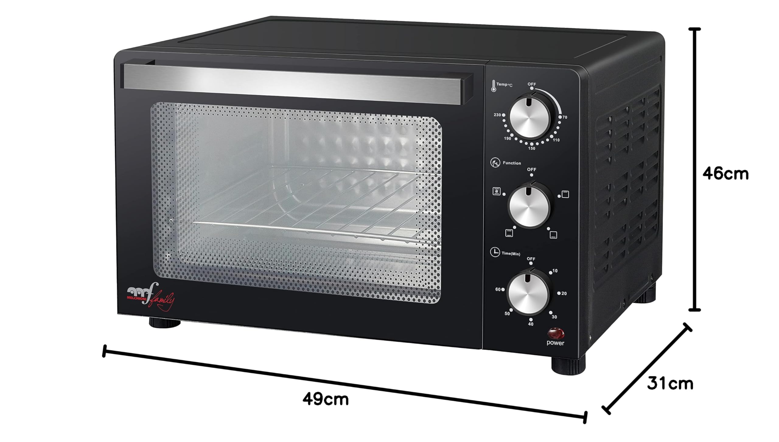 Melchioni Family | Forno Elettrico Ventilato DEVIL, Capacità 32 litri, 3 Modalità di Cottura, Timer da 60 Minuti, 1500W, Doppio Vetro, Luce Interna e Temperatura Fino a 230° C, 49 X 46 X 31 cm