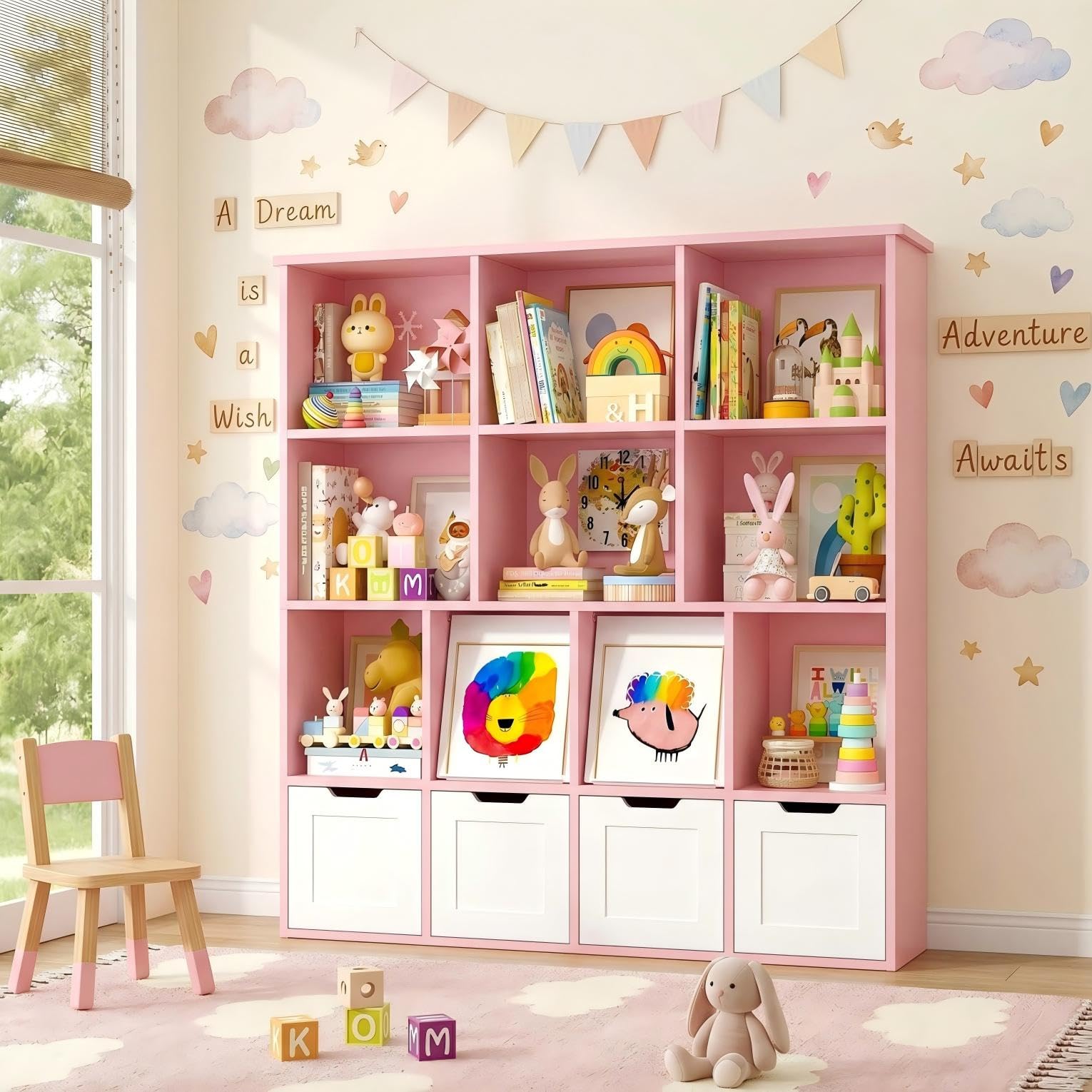 IRONCK Kinderregal Bücherregal mit verdeckte Klapptür (Rosa) | Kinderzimmer Möbel Spielzeugregl mit 4 Boxen auf Rollen, Kinder Kleiderschrank Aufbewahrungregal mit 10 Fächer