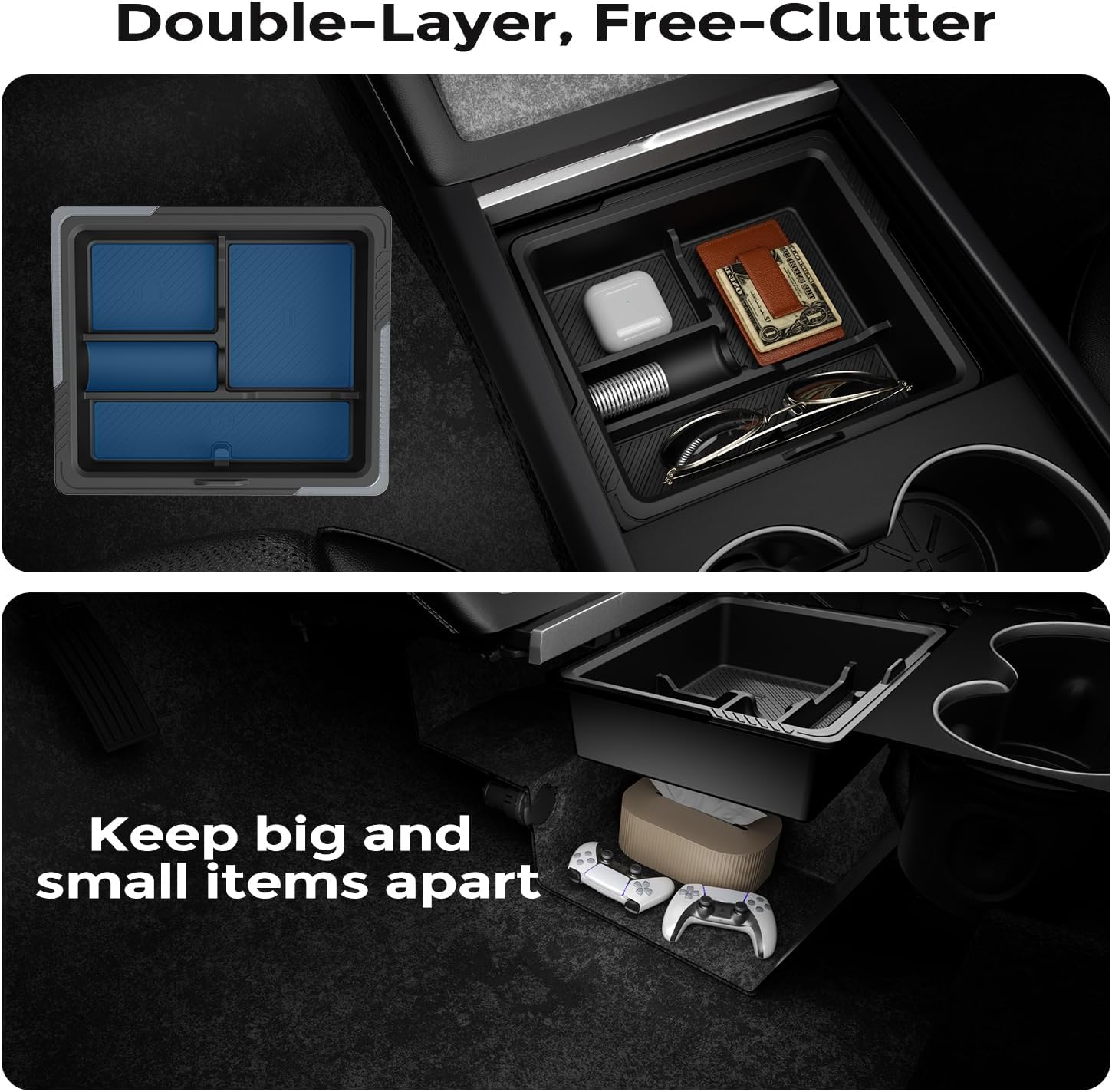 Center Console Organizer for Tesla New Model Y Juniper 2025-2026/Model 3 2024-2026 [2-Layer Design, Easy Slide] Keep Console Clutter-Free Custom Fit for Model 3 & Juniper Model Y Accessories, 4PC