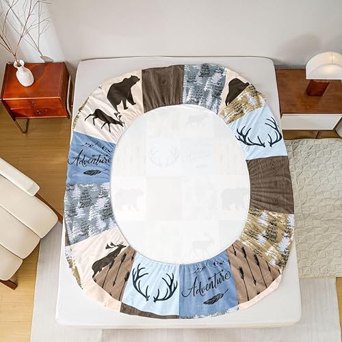 Miniatura 66 de Sábana bajera ajustable de oso de caza, juego de ropa de cama a cuadros de búfalo, sábanas de retazos de cabaña rústica para niños, niños, Multi