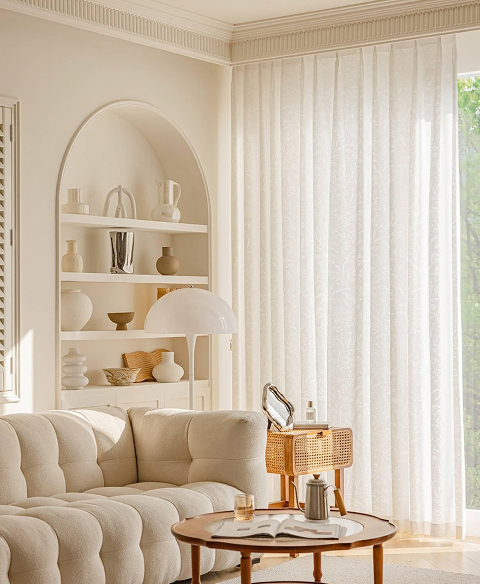 Voilage Salon, Rideau Fenetre Chambre Blanc Motifs Végétaux Jacquard Nano Lot de 2 102W x 138L cm