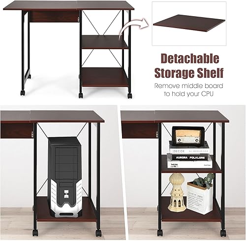 Miniatura 9 de Tangkula Escritorio plegable móvil para computadora, escritorio moderno con estantes de almacenamiento de 2 niveles, escritorio de estudio para