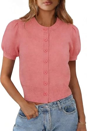 Womens Puff Short Sleeve Cardigan Lightweight Summer Button Down Sweater Tops Knit Crew Neck Shirts