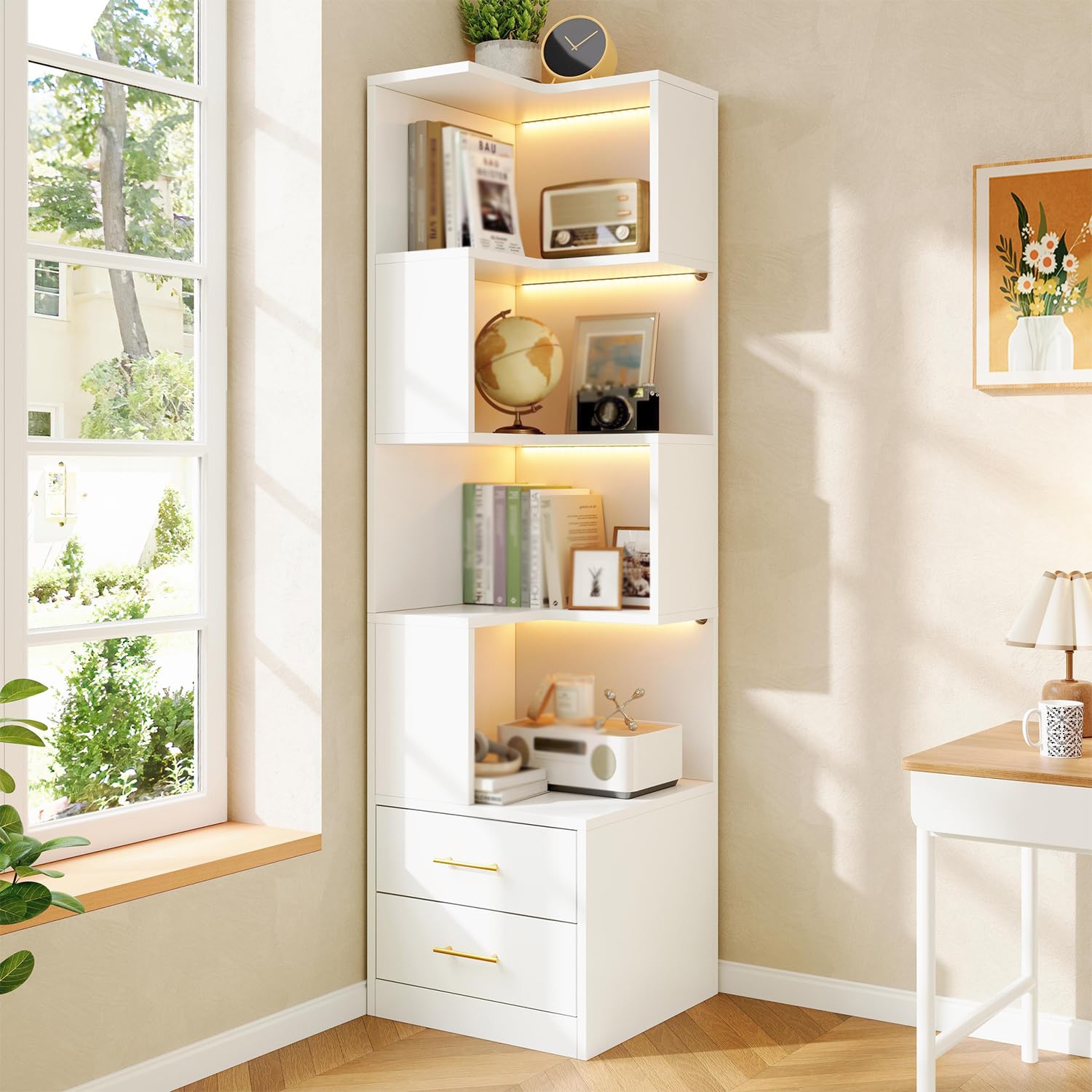 Étagère d'angle avec éclairage LED, bibliothèque à 4 Niveaux et 2 tiroirs, Meuble Multifonction de Rangement et d'exposition pour Salon, Chambre et Bureau (Blanc)