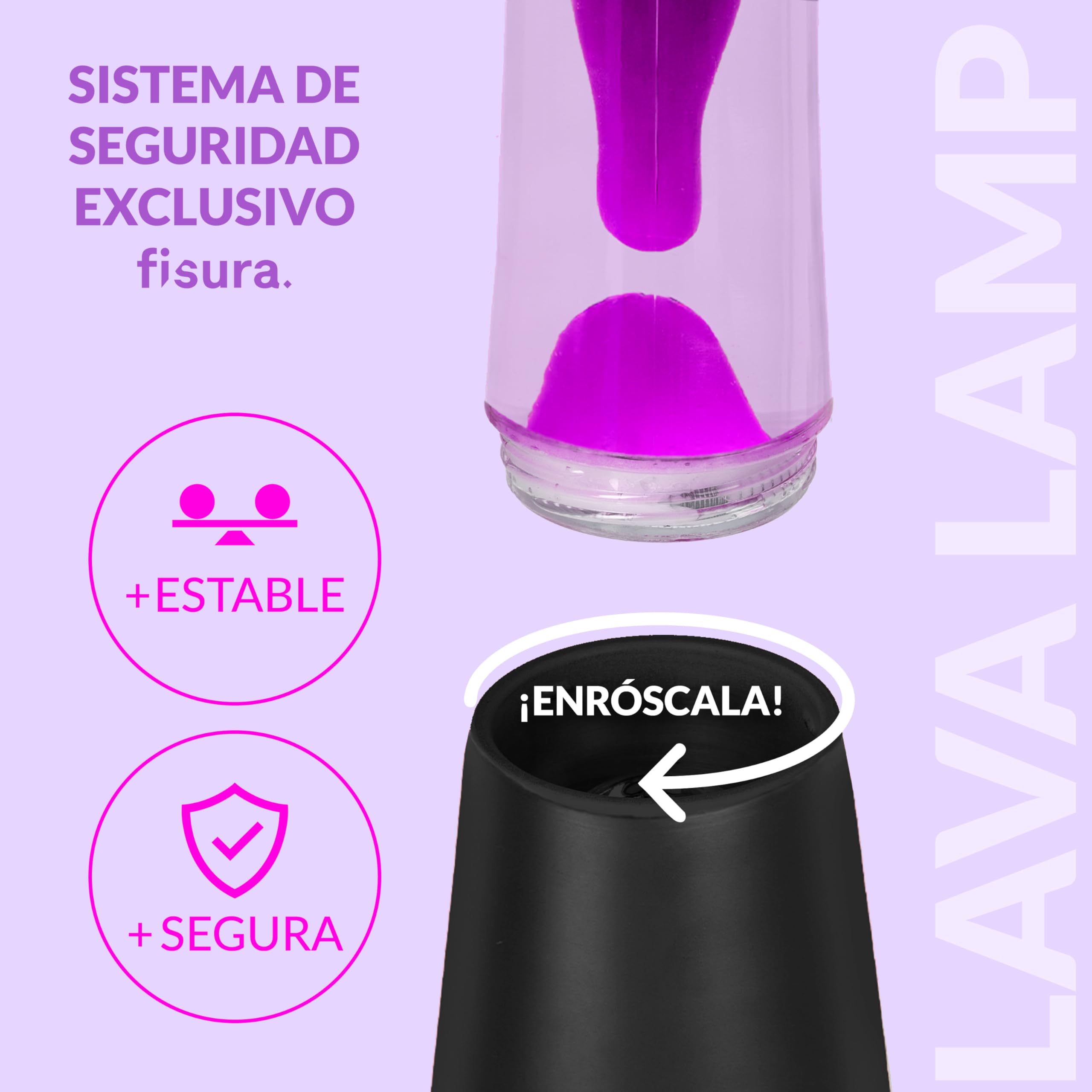 Fisura - Lámpara de lava multicolor. Base blanca y cristal con efecto degradado multicolor. Lámpara efecto relajante. Con bombilla de repuesto. 11 cm x 11cm x 39,5 cm. (Negro y morado)