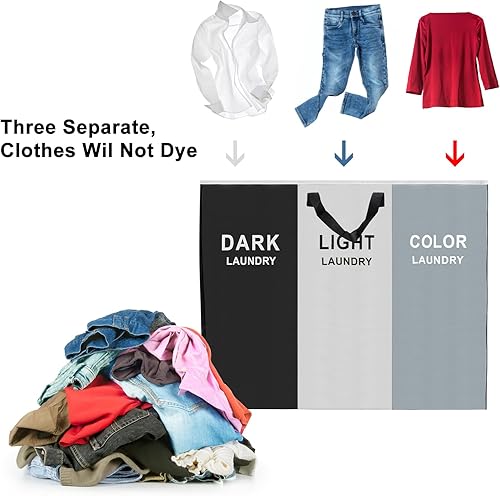 Miniatura 5 de 168L Laundry Hamper, Large Blanket Storage Basket Sorter 3 Section Bag Organizer for Dirty Clothes - Toys - Towel,15 X 23 X 28 inch Heavy Duty Bolso