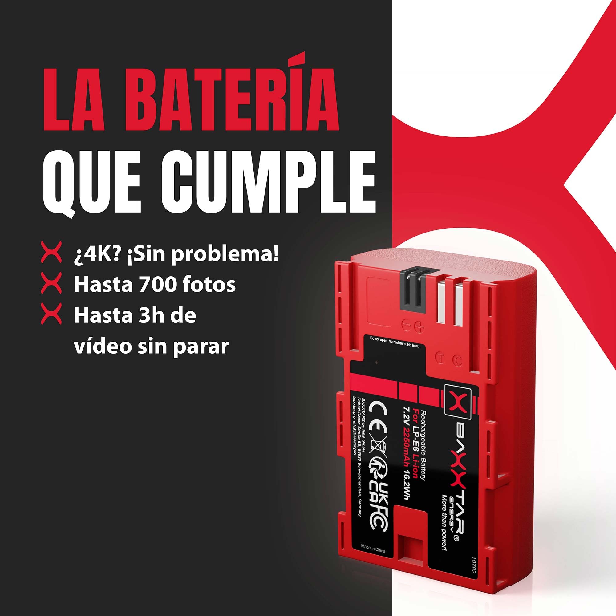 Baxxtar LP-E6 Batería 2250mAh 16,2Wh 7,2V Compatible con Canon EOS 5D Mark II III IV 5DS R R5 6D 7D 60D 60Da 70D 80D 90D XC10 XC15 5 6 7 60 70 80 90 D XC 10 15 WFT-E5 E7 LPE6 LP E6