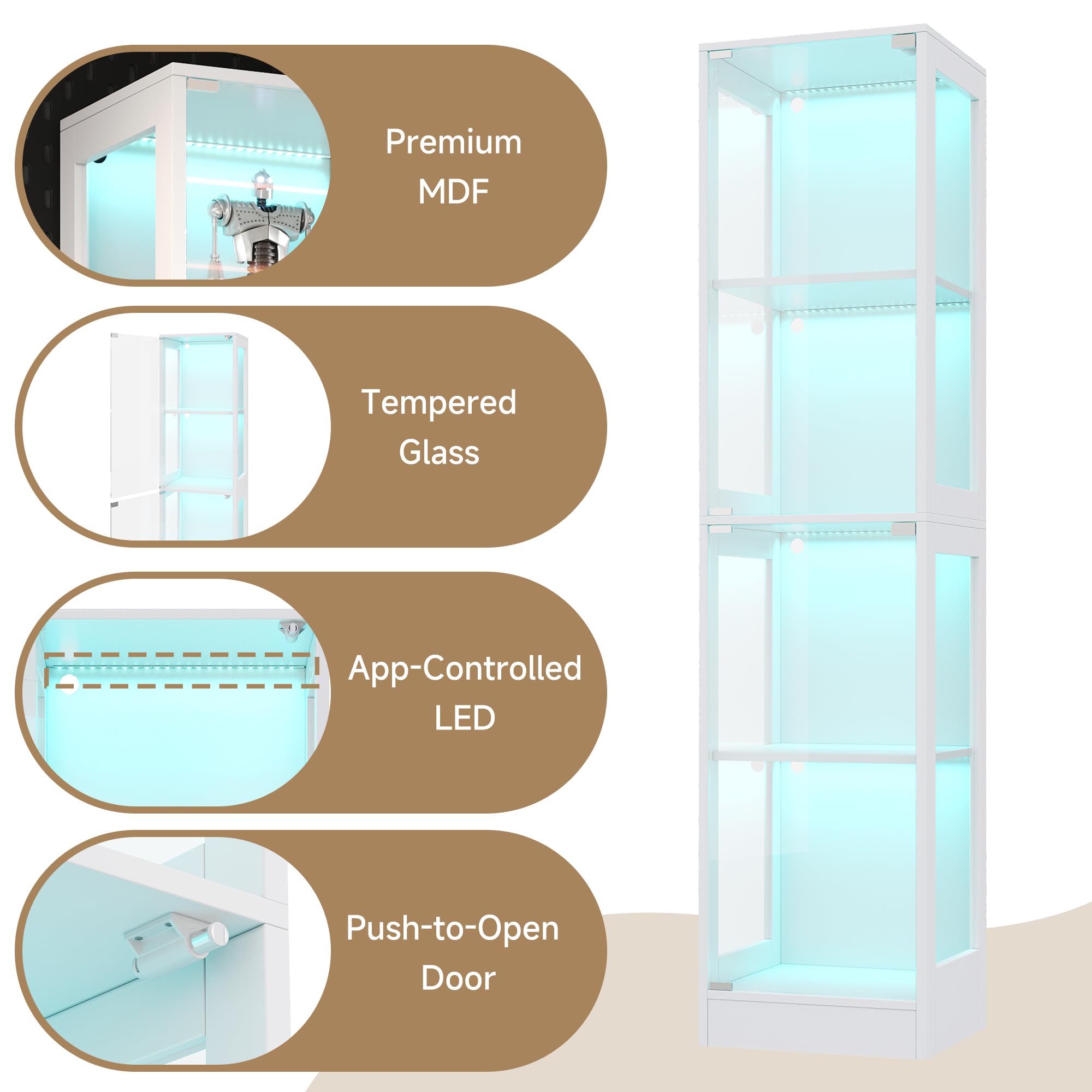 Vitrina de colección LED, cristal templado, 40 x 35 x 170 cm, puerta única, luz LED controlada por aplicación, cuatro pisos, puerta push-to-abierta, blanco minimalista
