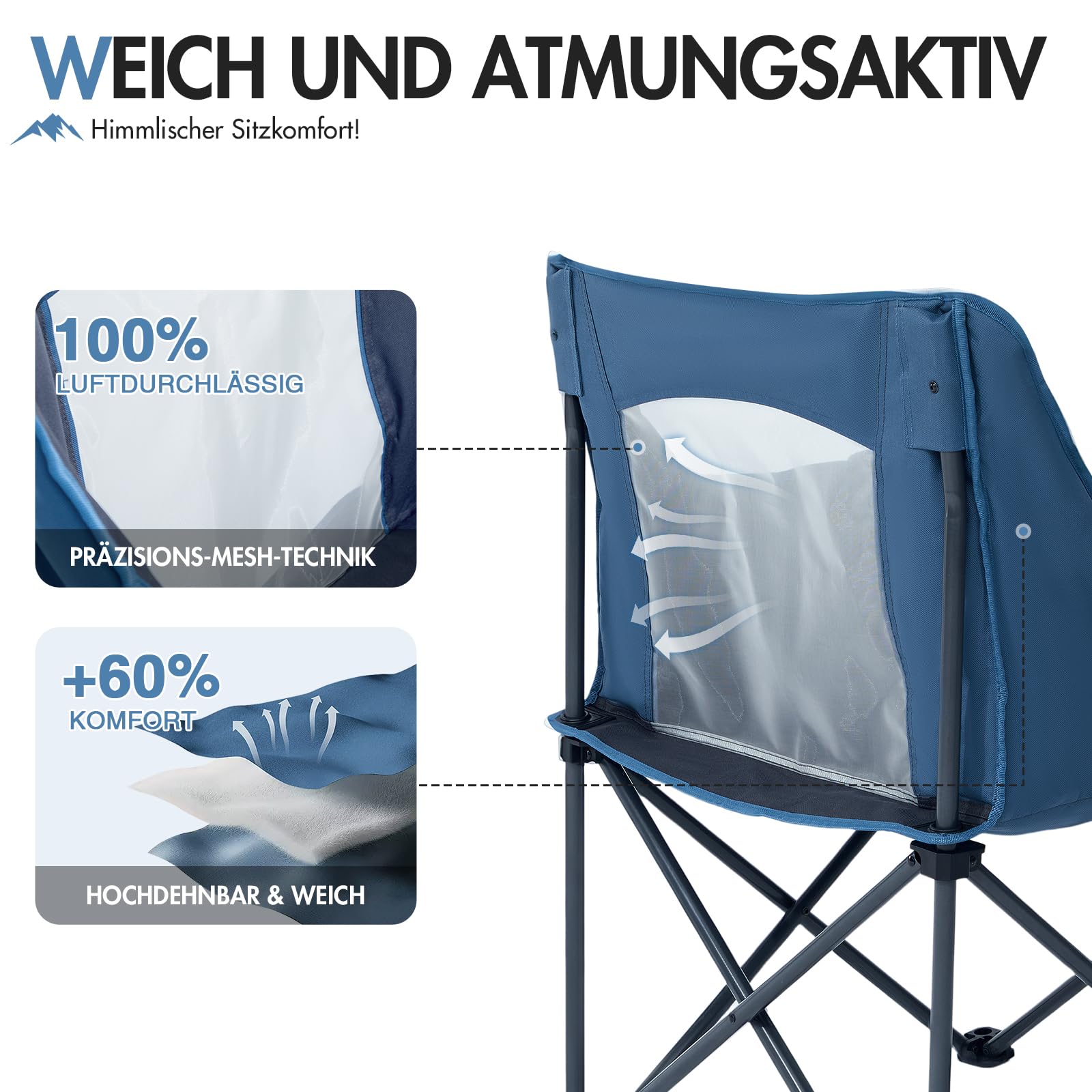 Portal Campingstuhl Faltbar Klappstuhl Camping Klappbar Super Weich 150kg Belastbar Faltbarer Angelstuhl XXL mit Armlehnen