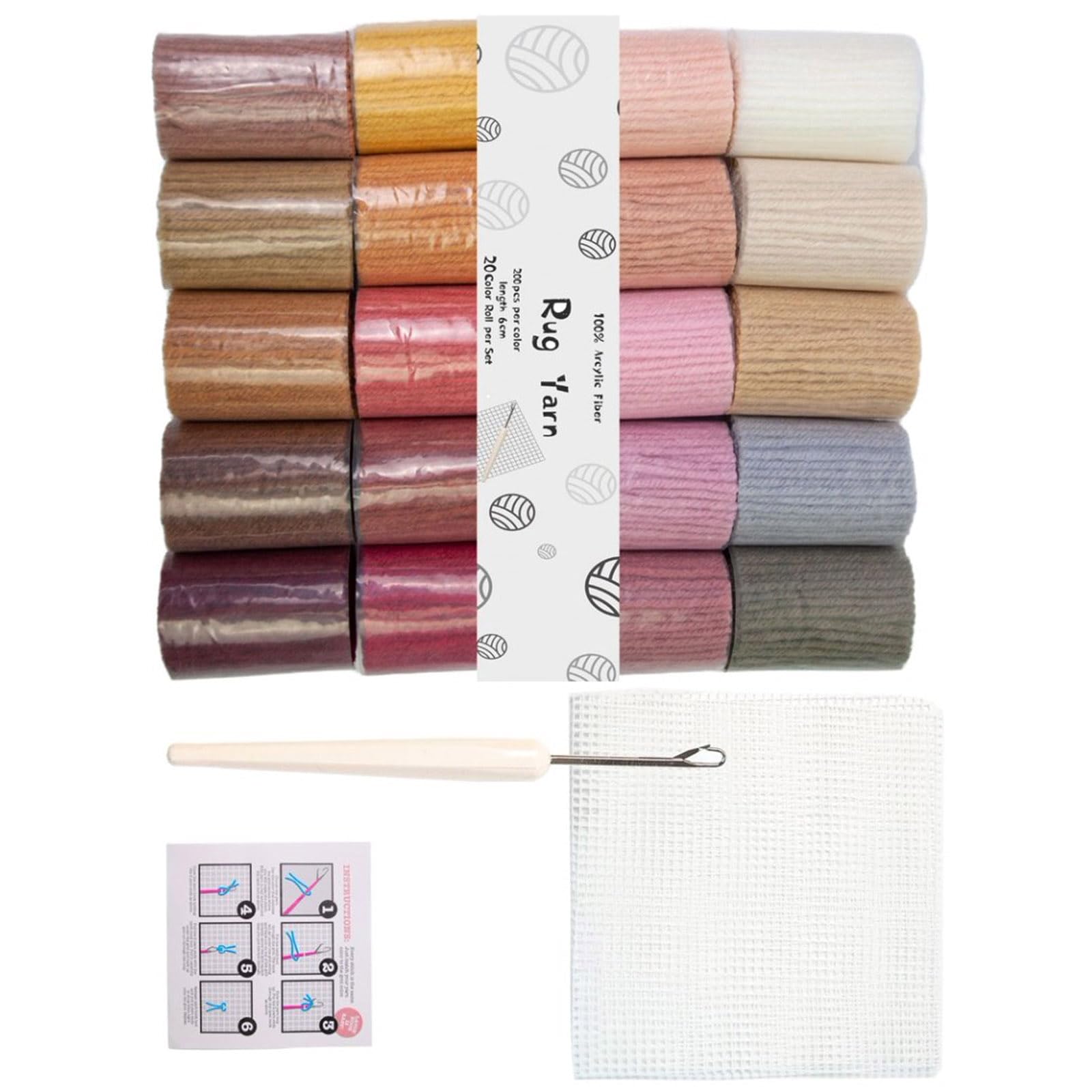 XuQiZZpp Beginner Rug Making Set 20 Color Acrylic Yarn Thread Latching Hook Crochet Needle For Carpet Making Yarn Craft Project