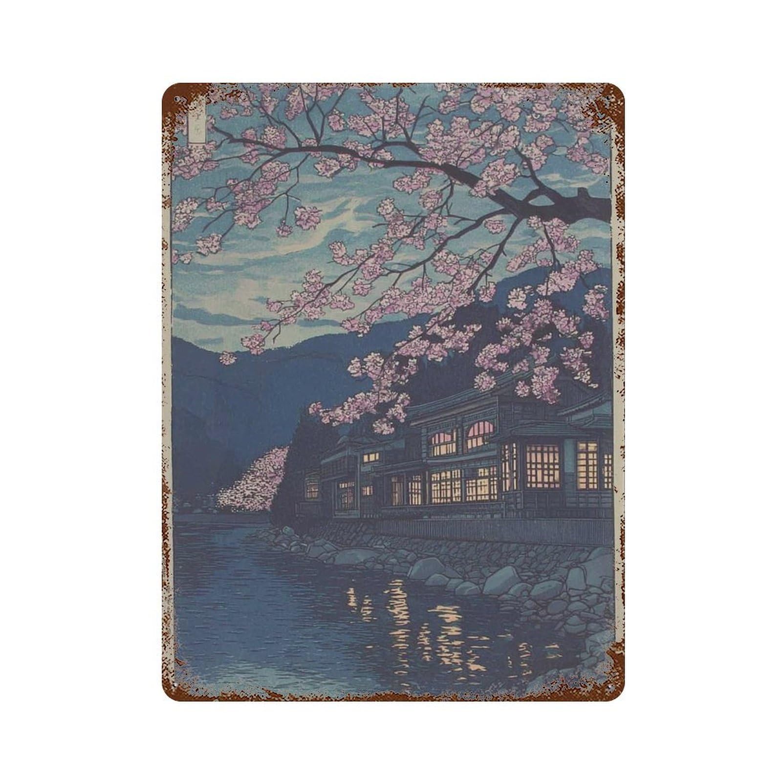 xiaoxiaoshen Japanese Cherry Blossom – Traditional Sakura Tranquil River Work Asian Night Lan Wall Decor Art Metal Tin Poster Modern Home Decor Art Home Bar Shop Decorations Vintage Sign 40x30cm