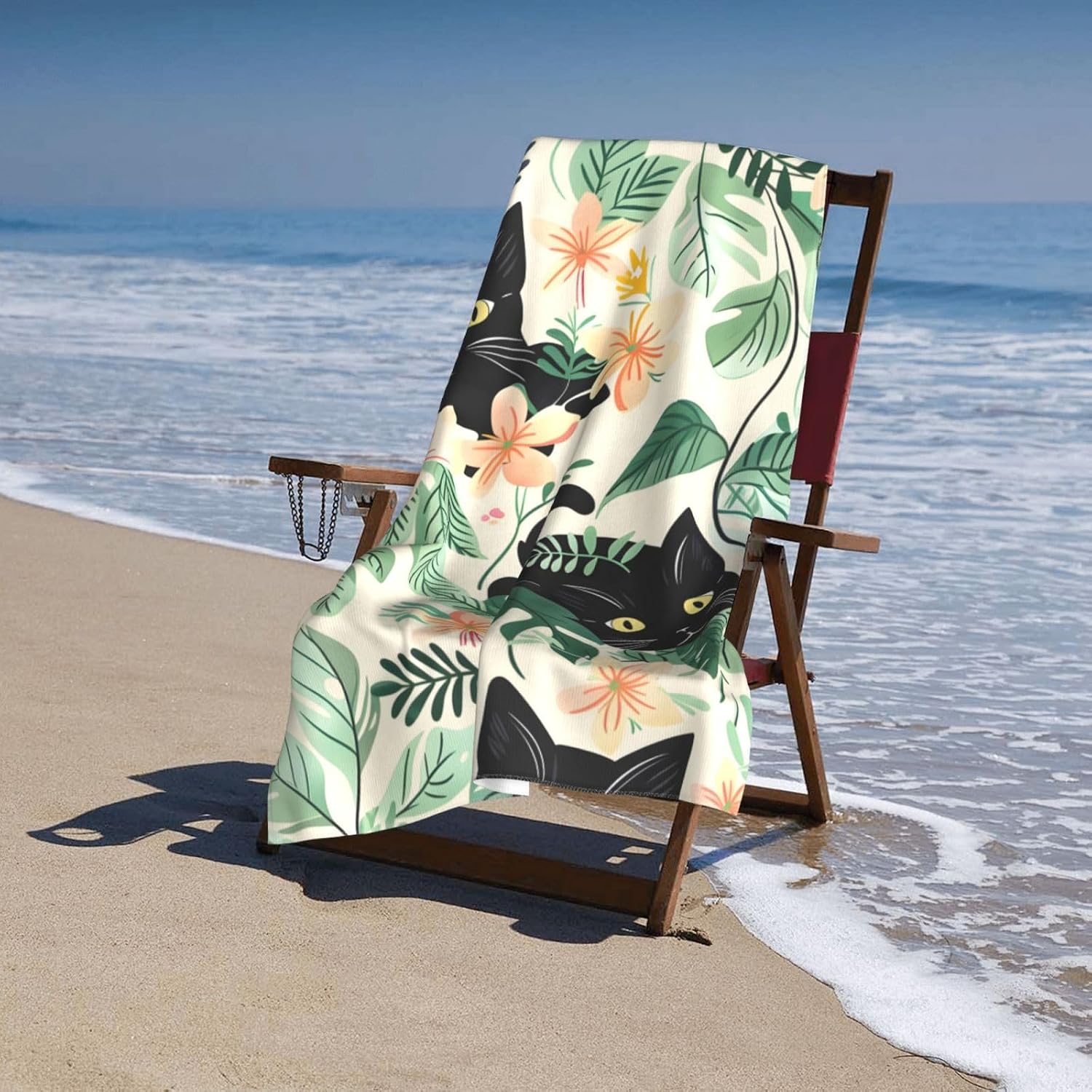 Charming Black Cat Beach Towel, Microfiber Quick Dry Oversized Sand Proof Lightweight Bath Pool Cute Kitten Towel for Women Adults Kids, Soft Absorbent Towels for Swim Travel 32×52 in