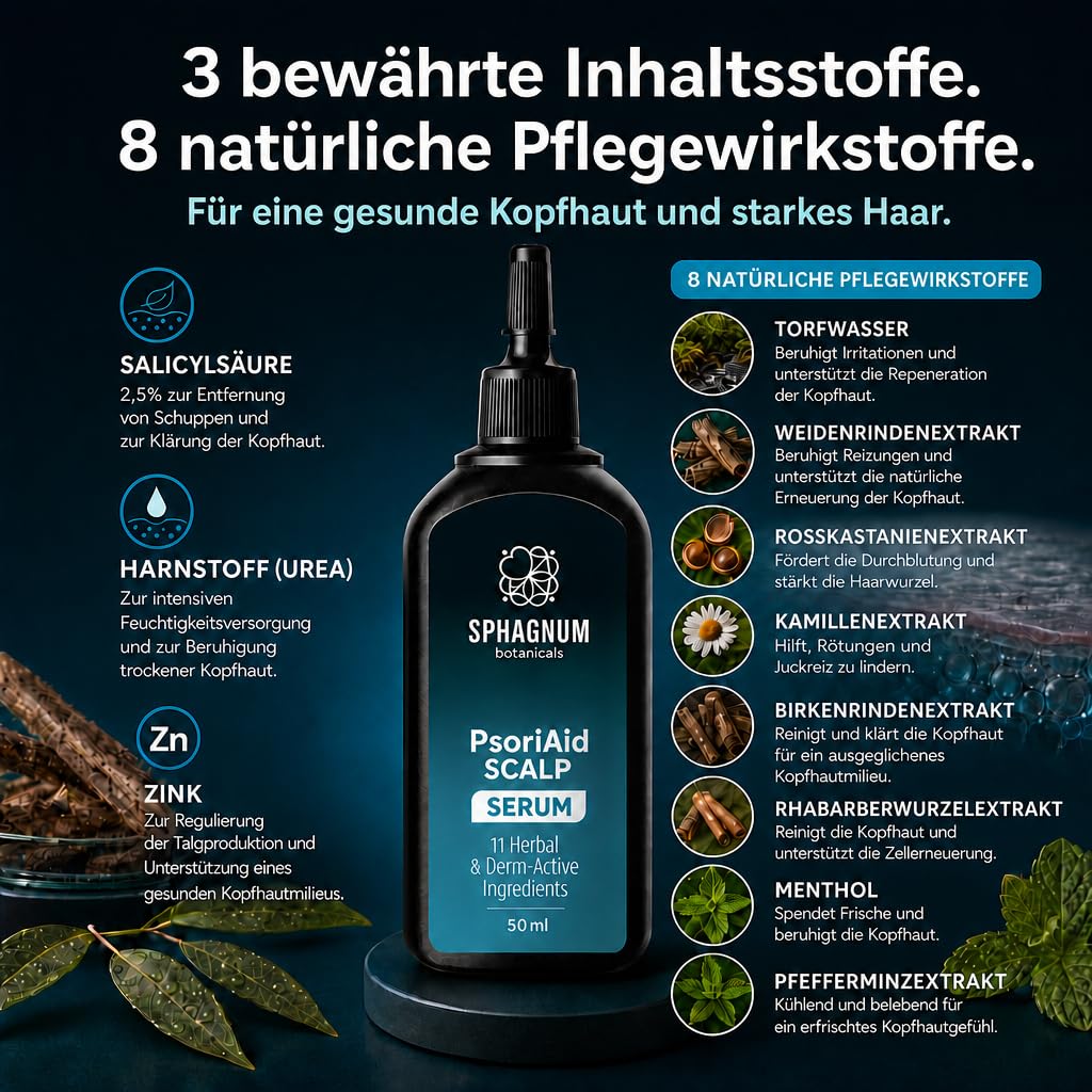 Sphagnum Botanicals Pre-Shampoo Serum for Psoriasis Scalp - 17 active ingredients with Salicylic Acid 2.5%. 50ml