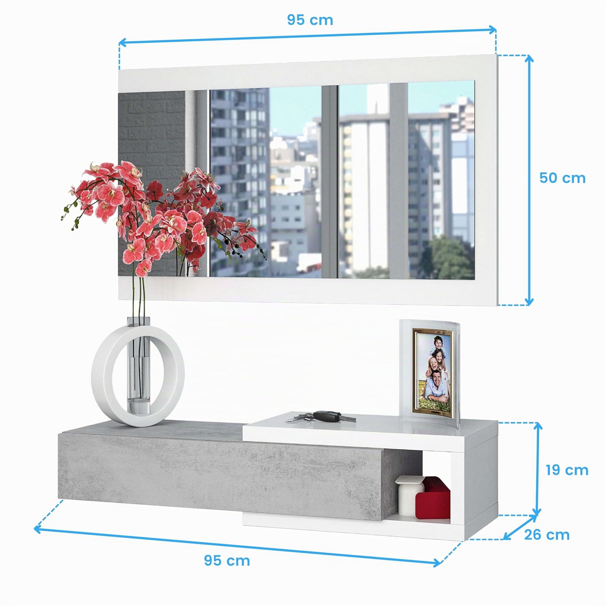 Habitdesign Ingresso con cassetto e specchio, mobile da ingresso, modello mezzogiorno, rifinito in bianco Artik e cemento, misure: 95 cm (larghezza) x 19 cm (altezza) x 26 cm (profondità)